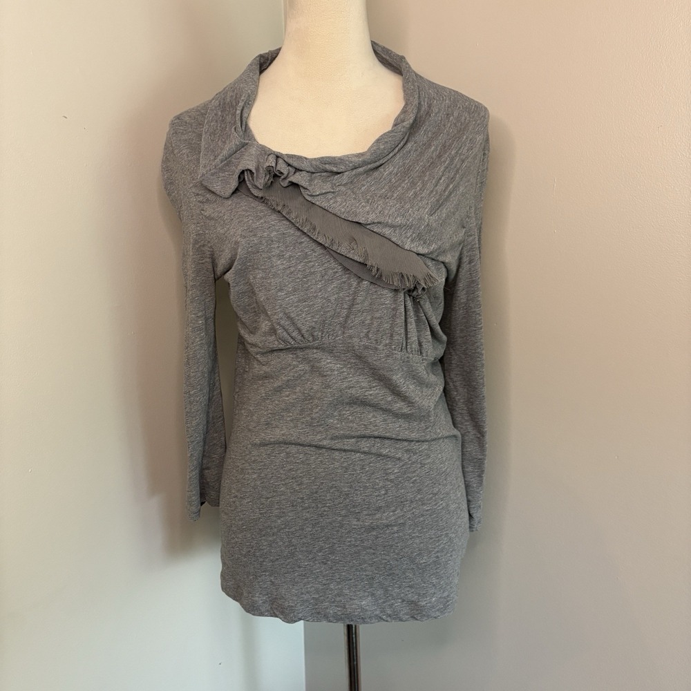 Anthropologie Ric Rac Top Gray 3/4 Sleeve Ruffled Coquette Ribbon Accent Medium